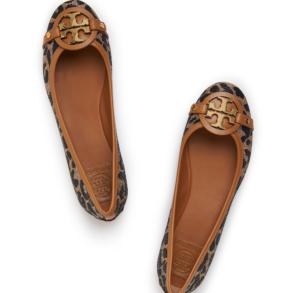 Tory Burch Leopard-Print Ballet Flats with Tan Trim & Gold Logo